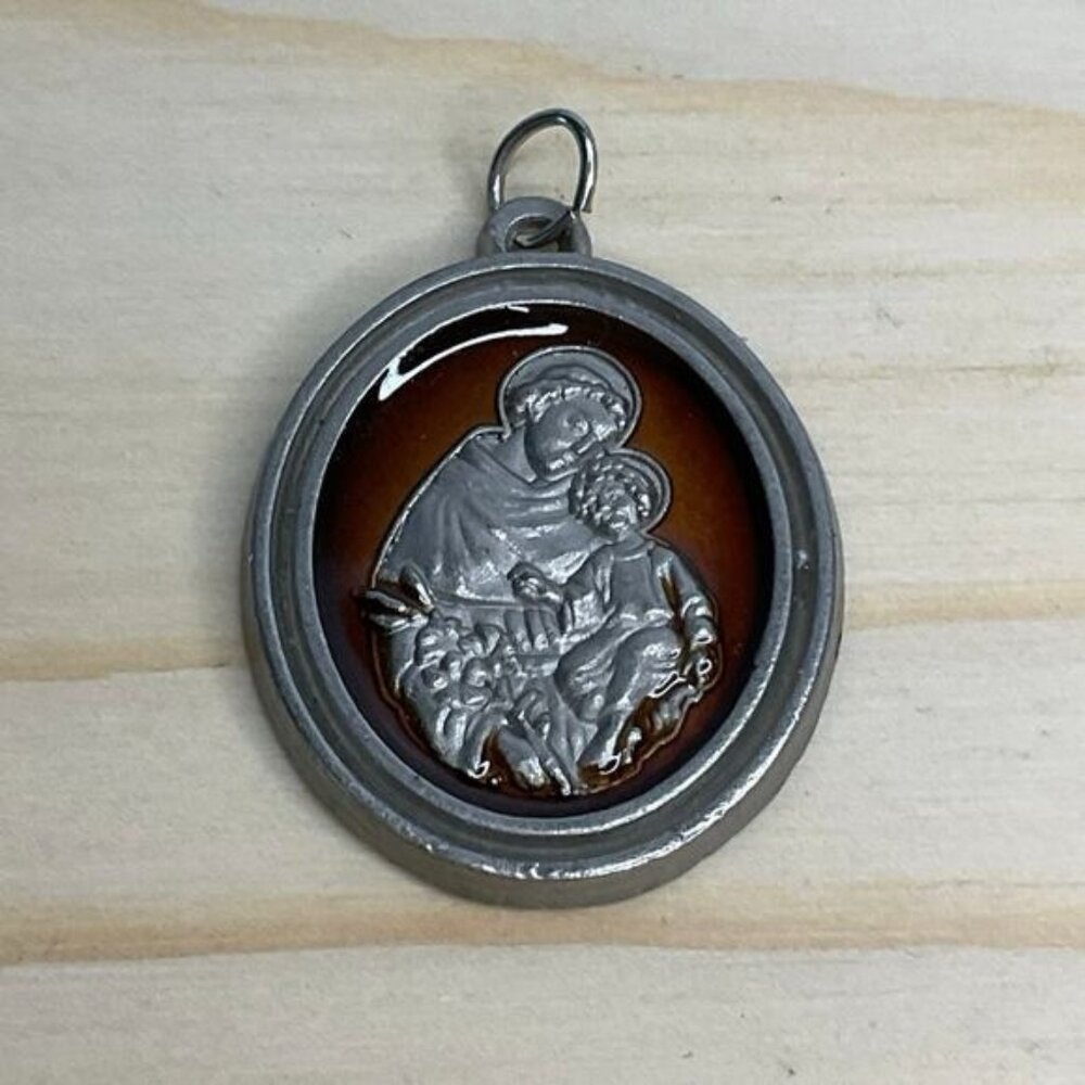 Vintage St Anthony Child Jesus Enamel Medal Pendant Catholic Saint Charm Pray